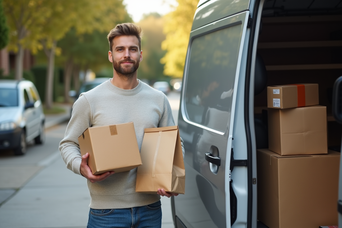Jeune homme avec colis près d