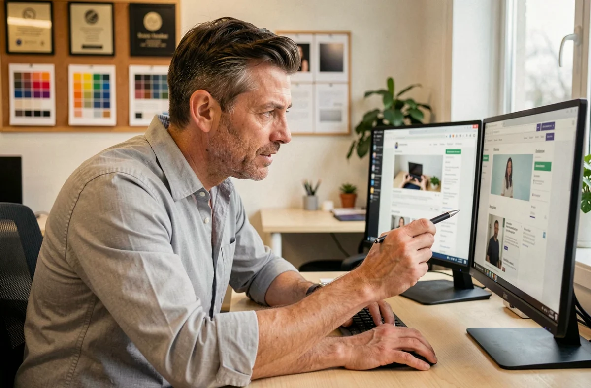 Designer web de l'agence Liziweb travaillant sur la mise en page responsive d'un site sur deux écrans dans un bureau professionnel
