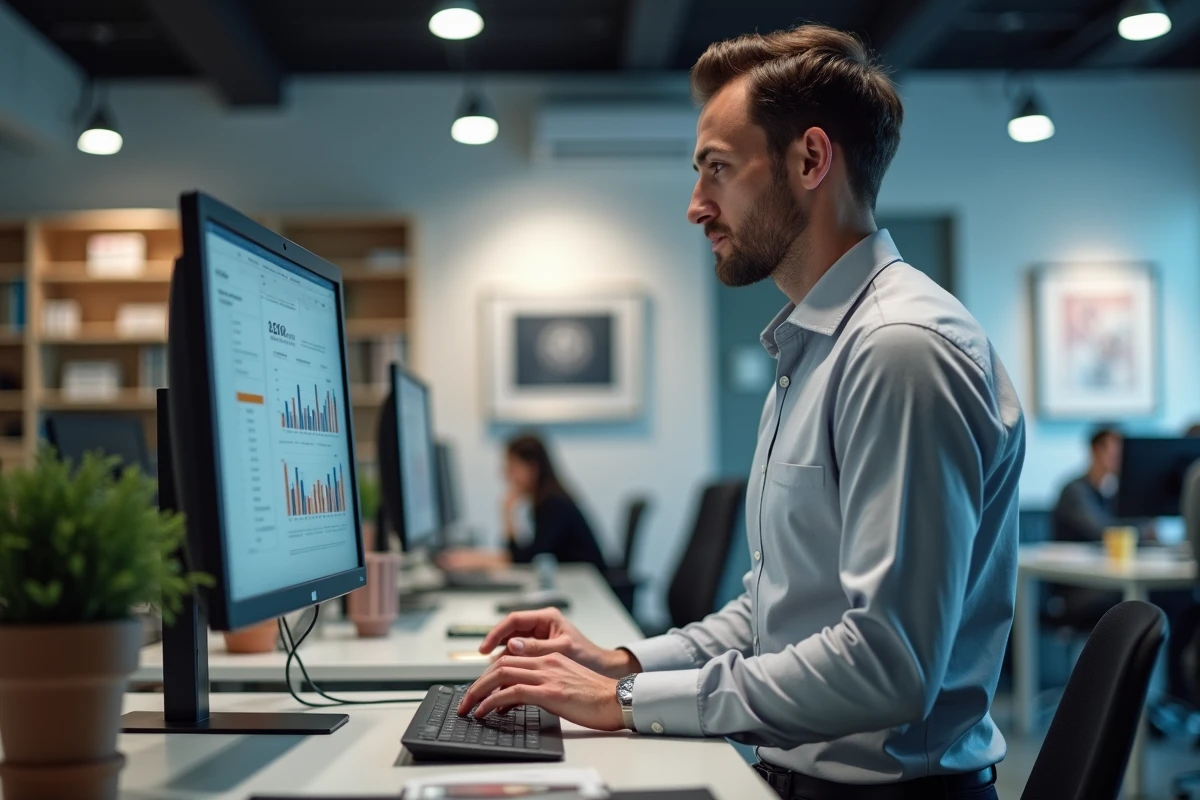 Responsable RH utilisant un logiciel de gestion administrative sur double écran dans un bureau moderne et organisé