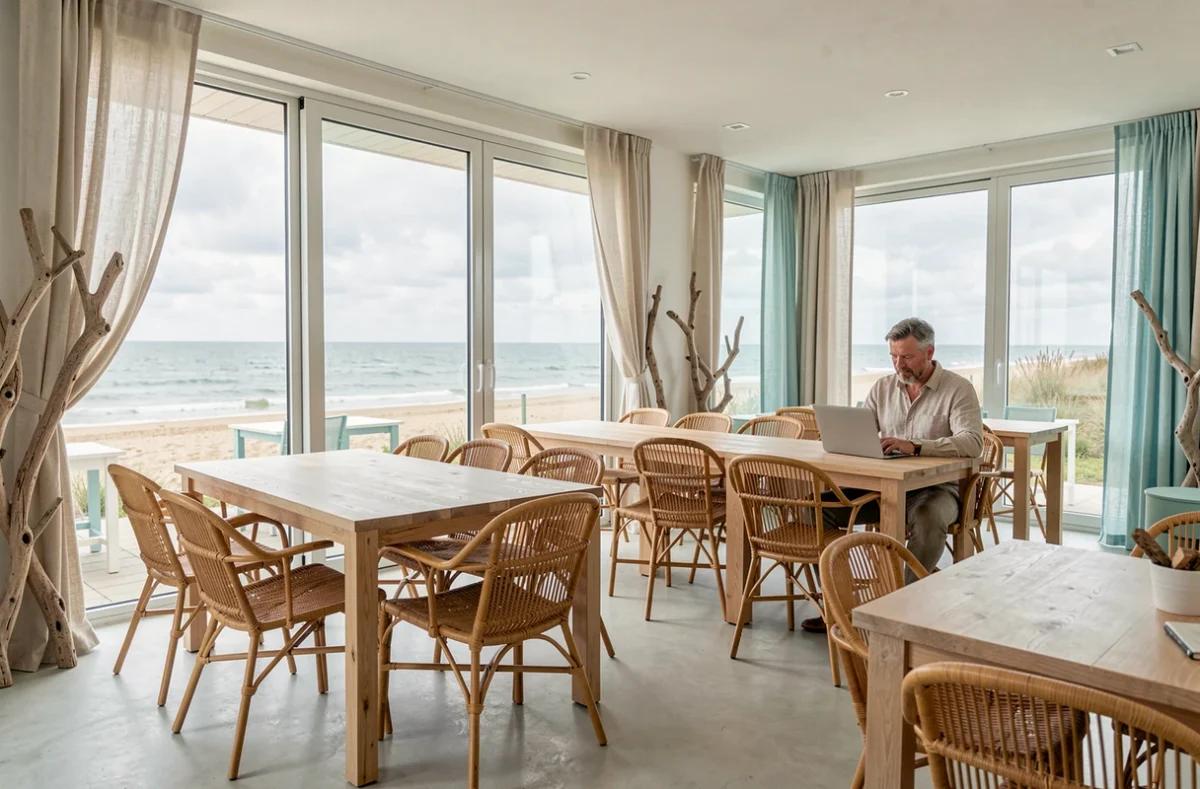 Maison Glaz à Larmor-Plage, espace de coworking face à l'Atlantique avec intérieur aquamarine et terrasse