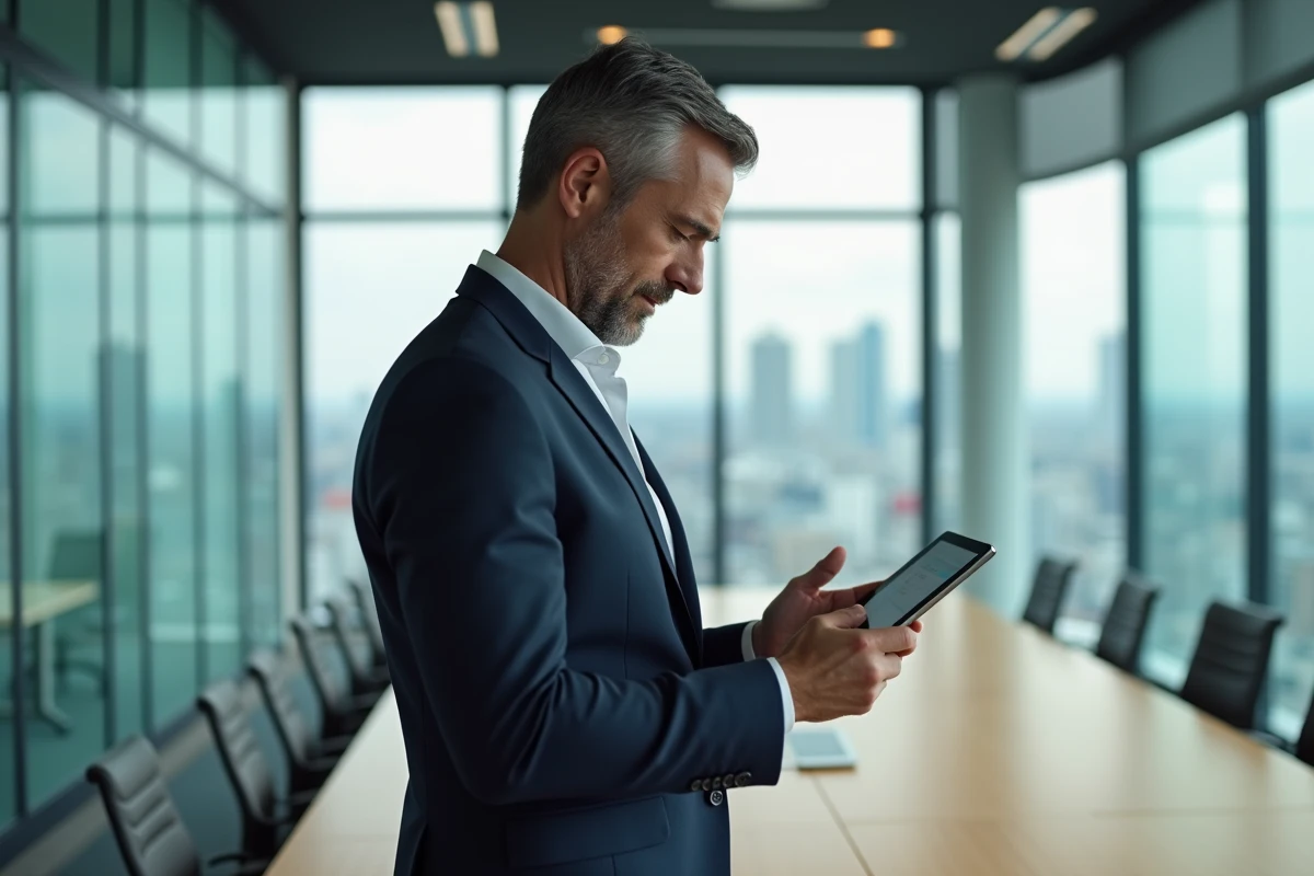 Manager consultant les donn&eacute;es RH sur une tablette dans une salle de r&eacute;union vitr&eacute;e