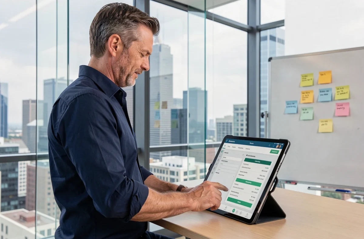 Manager utilisant une tablette pour accéder au portail RH Deskre dans un bureau vitré moderne