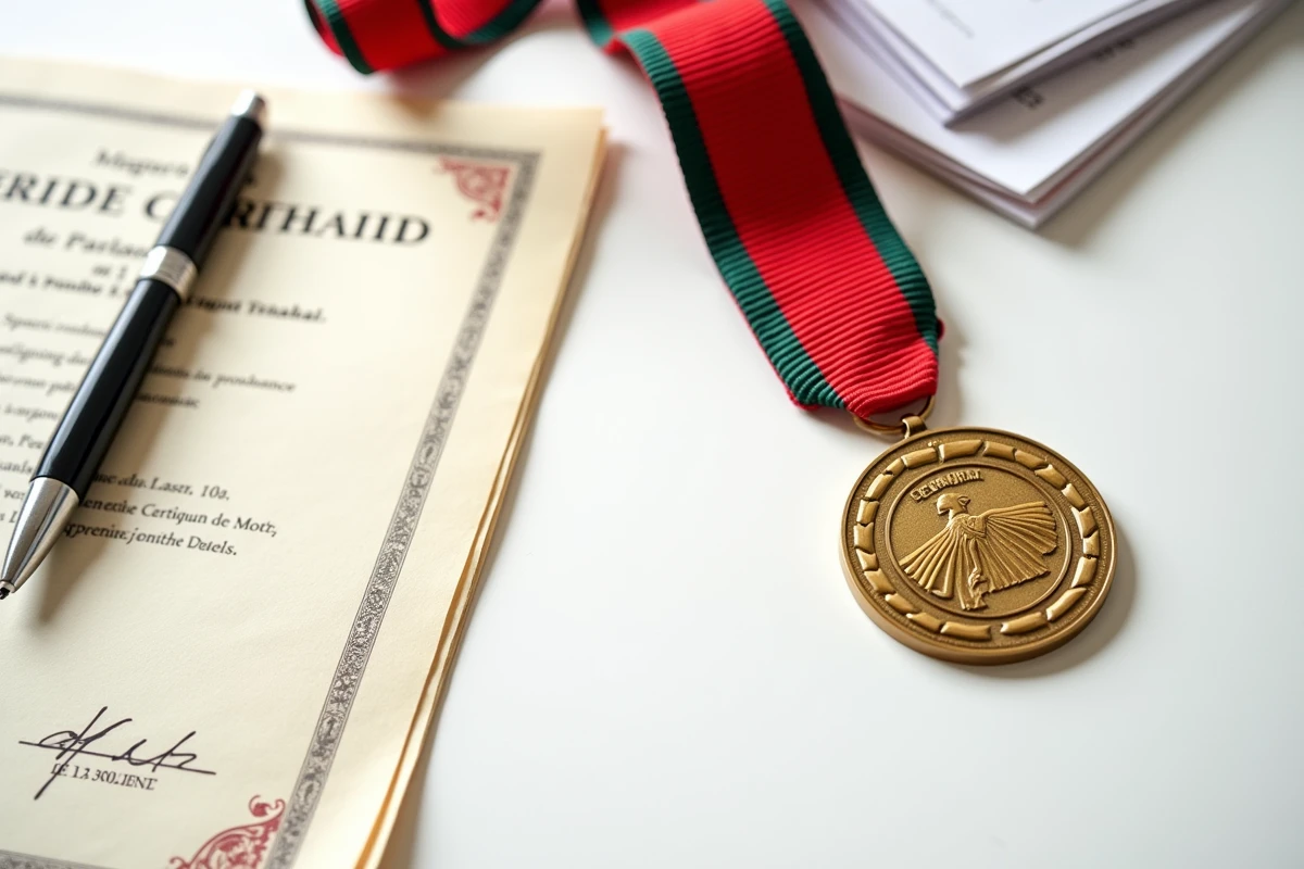 Vue de dessus d'une médaille du Travail dorée avec son ruban, un certificat officiel et des bulletins de salaire sur un bureau blanc