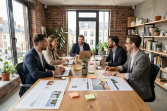 Équipe d'une agence web en Seine-Maritime réunie autour d'une table de travail avec des maquettes de sites web et des ordinateurs portables