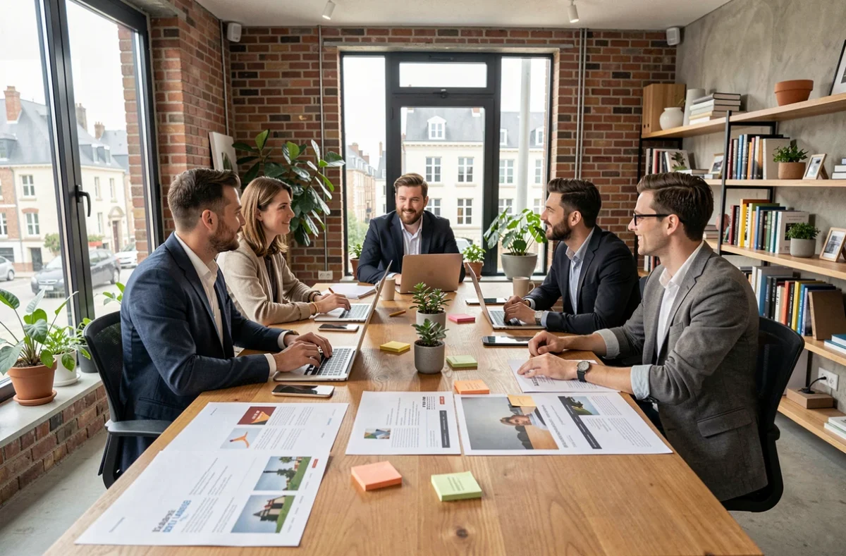 Équipe d'une agence web en Seine-Maritime réunie autour d'une table de travail avec des maquettes de sites web et des ordinateurs portables