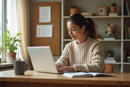 Mère travaillant depuis chez elle sur un ordinateur portable dans un bureau à domicile organisé