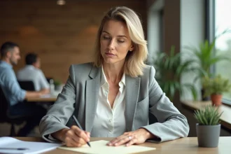 Femme en bureau écrivant un message de condoléances à la main sur du papier à lettres crème