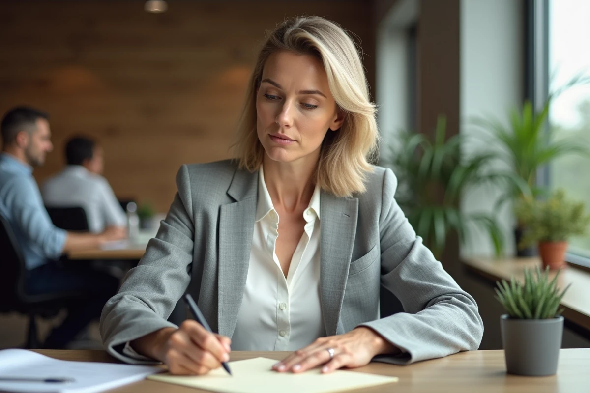 Femme en bureau écrivant un message de condoléances à la main sur du papier à lettres crème