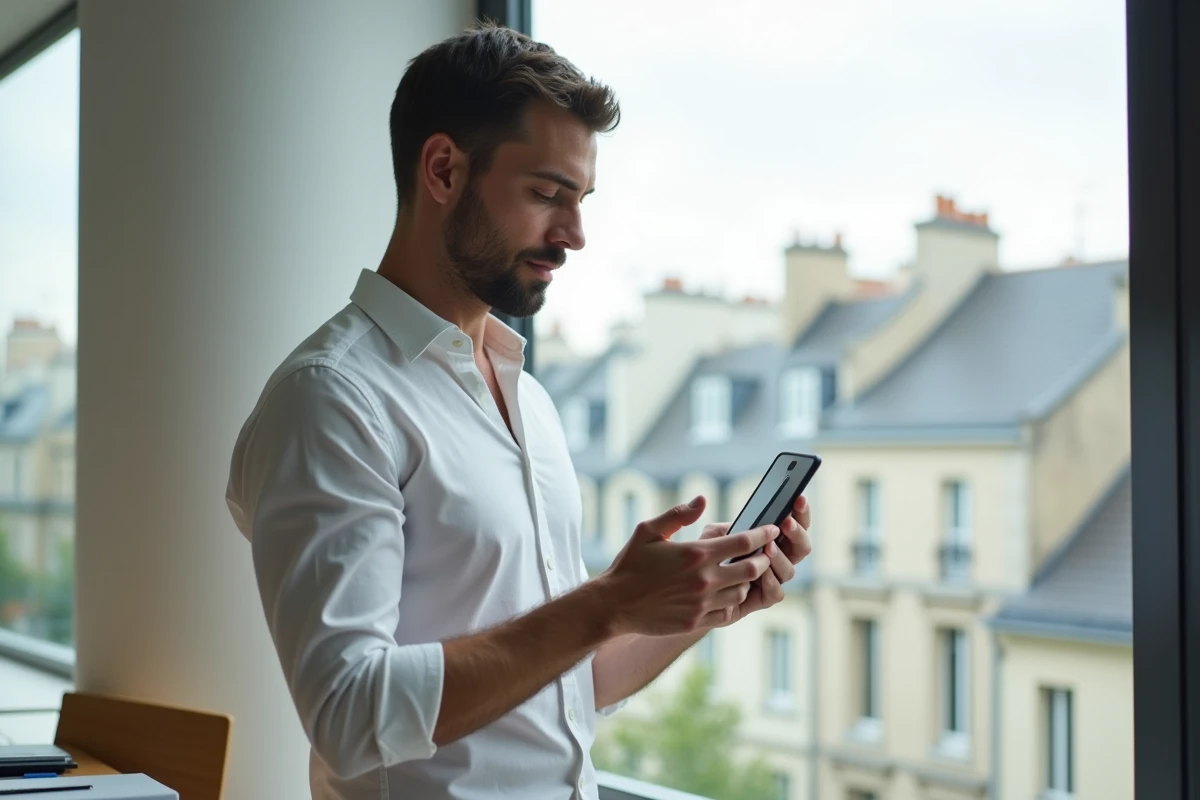 Agent municipal parisien vérifiant sa messagerie professionnelle Nomade sur smartphone face aux toits de Paris