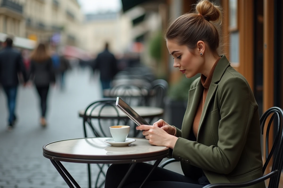Employée de la Ville de Paris accédant à sa messagerie Nomade sur tablette en terrasse de café parisien