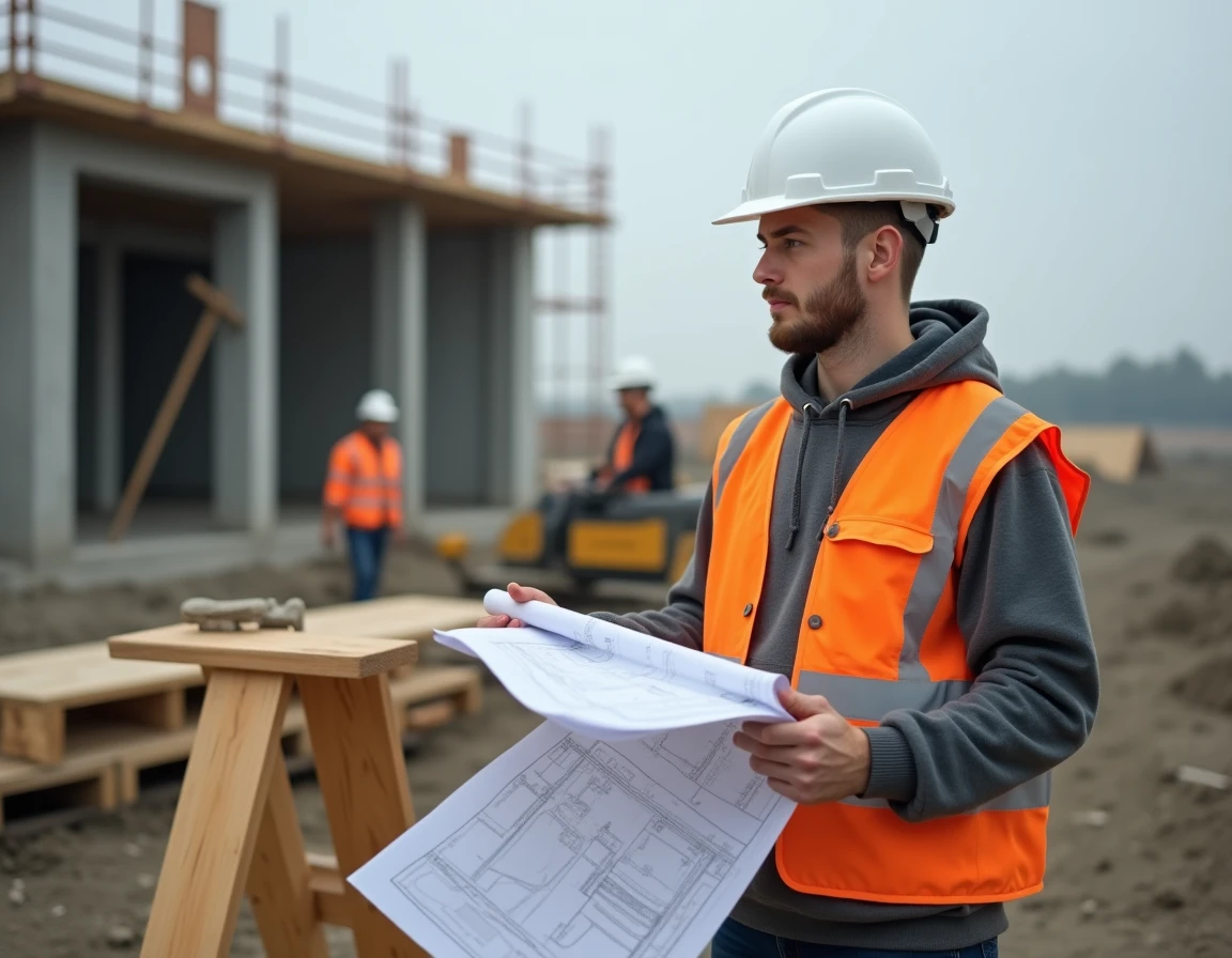 Ouvrier sur chantier de construction consultant des plans, secteur du BTP parmi les plus gros recruteurs en 2026 sans diplôme