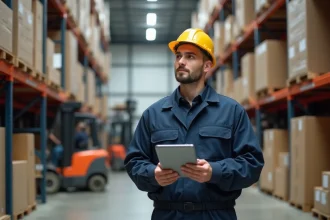Jeune homme en uniforme de travail dans un entrepôt logistique moderne, métier qui recrute sans diplôme en 2026