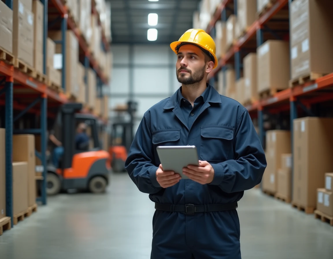 Jeune homme en uniforme de travail dans un entrepôt logistique moderne, métier qui recrute sans diplôme en 2026