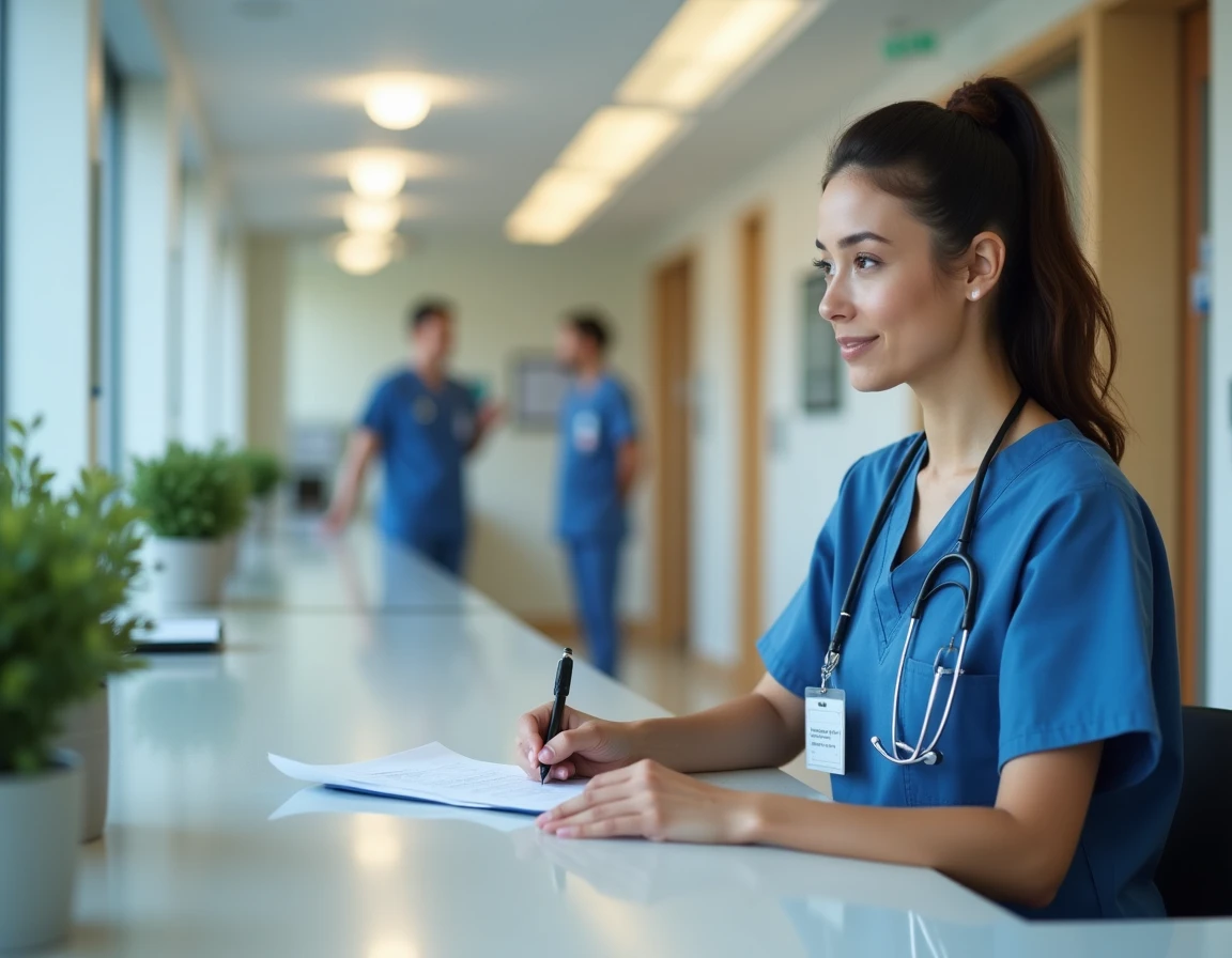 Femme en tenue médicale à l'accueil d'un établissement de santé, secteur de la santé qui recrute avec un Bac en 2026