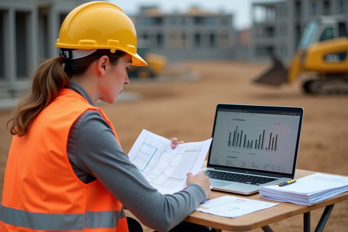 Métreur femme comparant plans papier et logiciel de gestion de chantier sur un ordinateur portable en extérieur