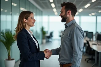 Deux collègues se serrant la main lors d'un départ professionnel discret dans un bureau moderne