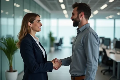 Deux collègues se serrant la main lors d'un départ professionnel discret dans un bureau moderne