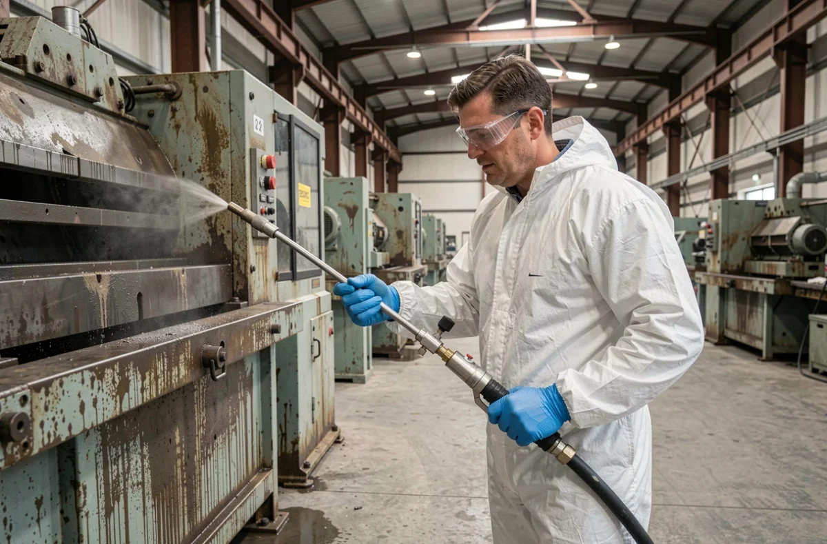 Technicien en combinaison de protection nettoyant une machine industrielle dans une usine avec une lance haute pression