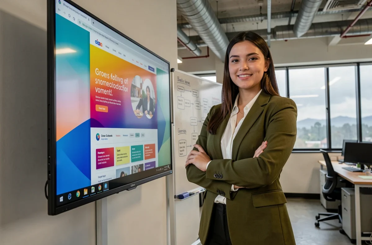 Directrice créative de l'agence NEWP présentant un design de site web sur un écran mural dans un open space moderne