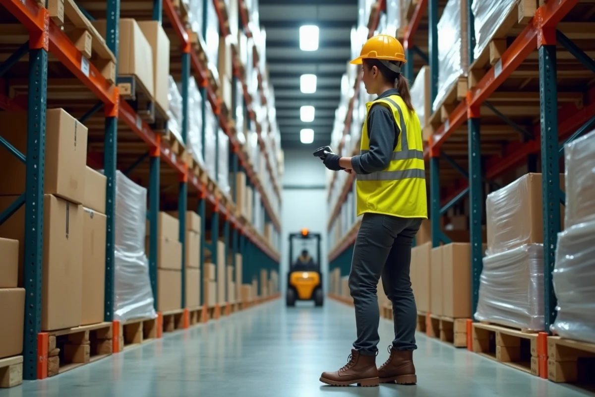Op&eacute;ratrice logistique scannant des colis dans un entrep&ocirc;t de distribution avec des rayonnages industriels