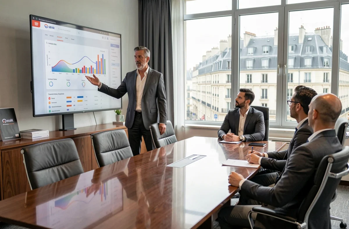 Consultant digital d'Opteam Interactive présentant un tableau de bord d'analytique web à une équipe dans une salle de conférence professionnelle