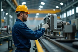 Ouvrier en usine inspectant une pièce mécanique sur une chaîne de production industrielle en 5x8