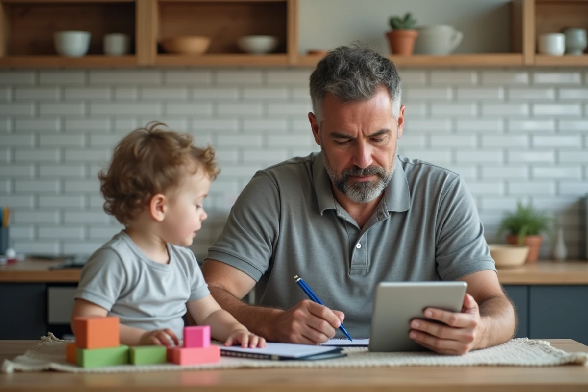Père en télétravail dans la cuisine familiale pendant que son enfant joue en arrière-plan