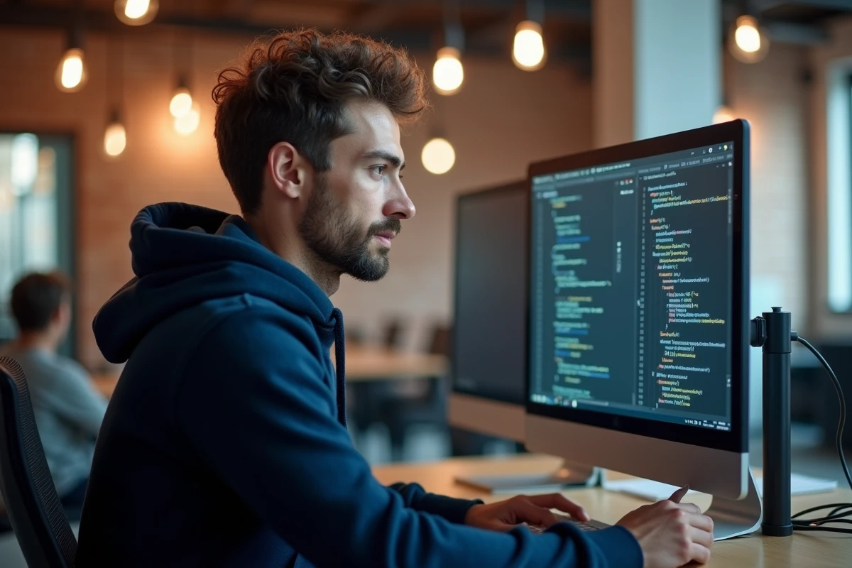 Développeur installant des plugins WordPress dans un espace de coworking avec deux écrans