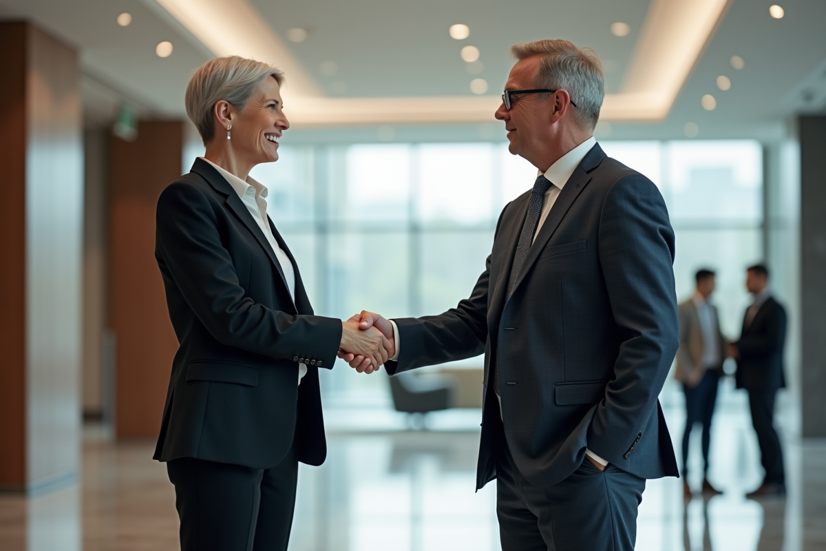 Poignee de main entre deux cadres en environnement professionnel