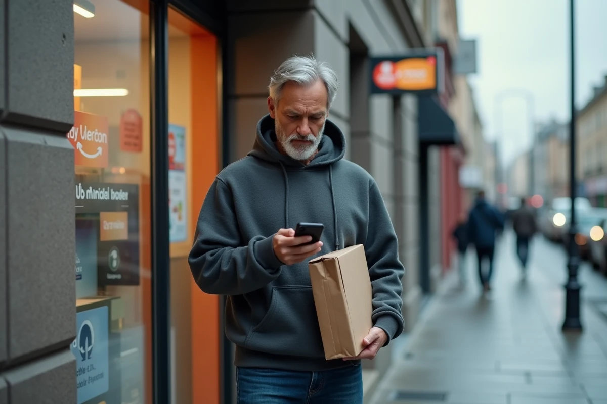 Homme consultant son téléphone devant un point relais Mondial Relay avec un colis sous le bras, suivi bloqué