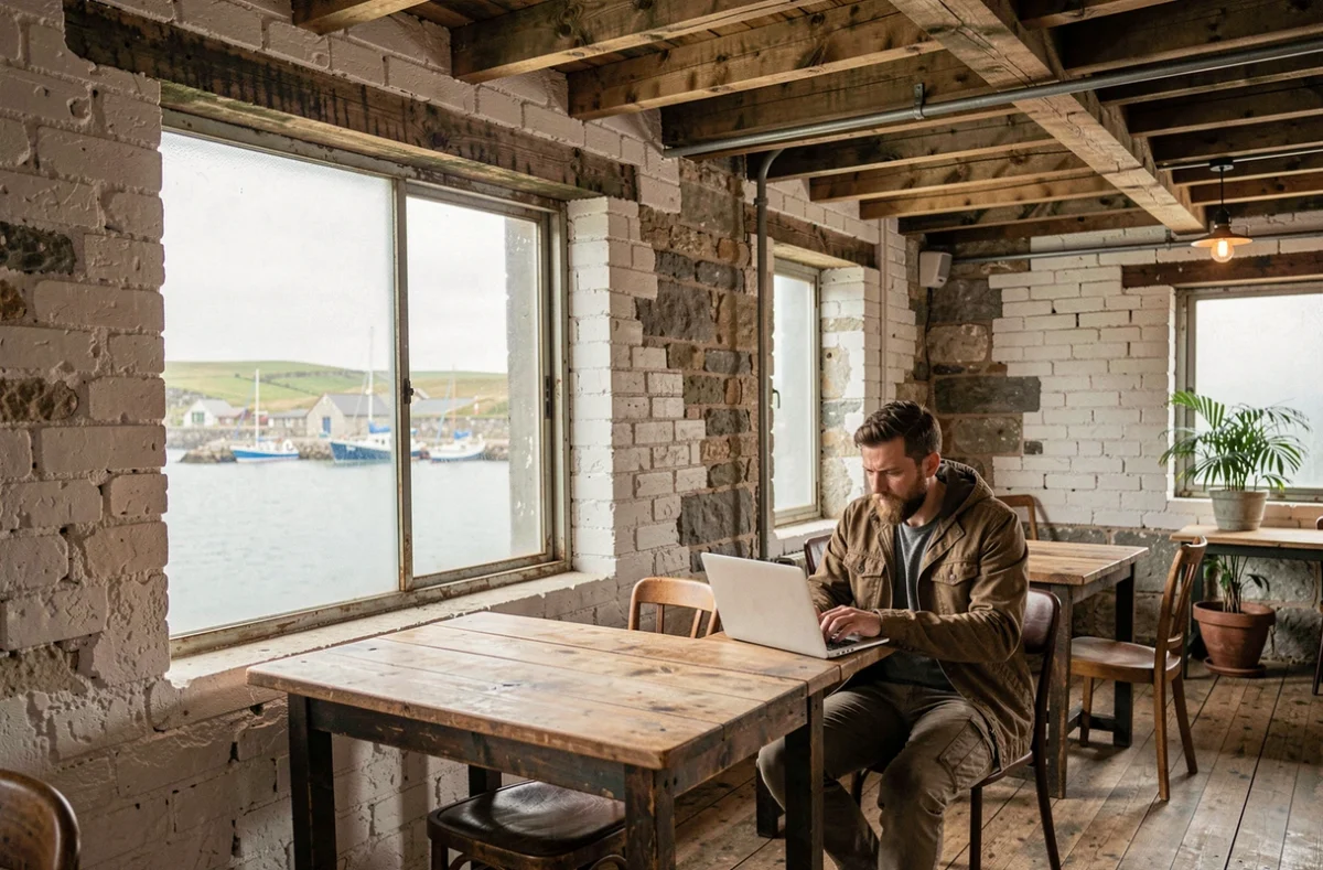 Port-Lay Coworking sur l'île de Groix dans une ancienne conserverie avec port de pêche en arrière-plan