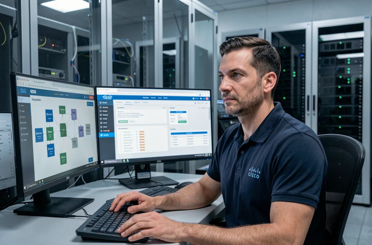 Développeur certifié Cisco de l'agence Prestaweb gérant des solutions web sécurisées depuis une salle serveur professionnelle
