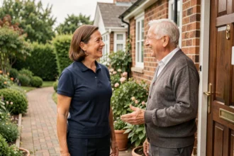 Professionnelle du service à la personne accueillant un senior à domicile avec un sourire chaleureux