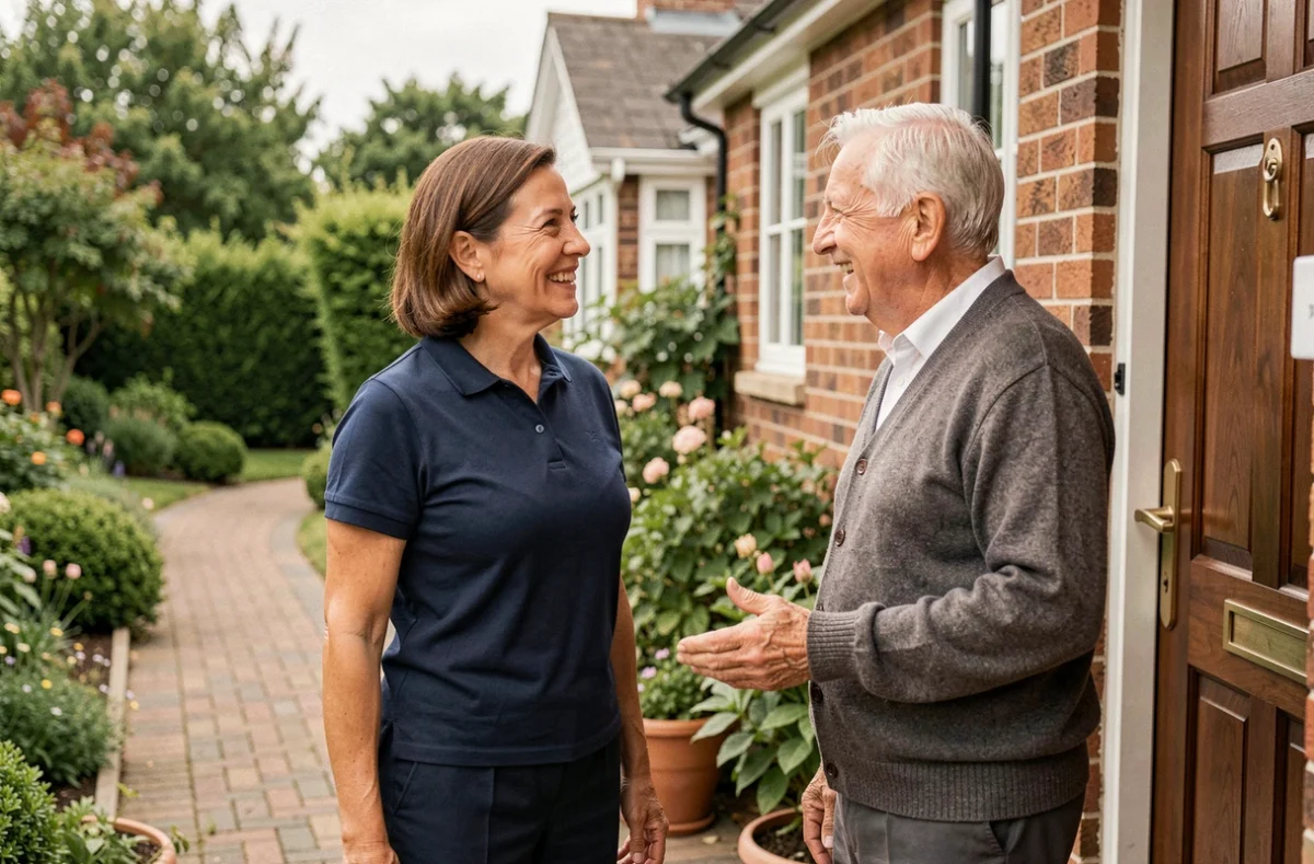 Professionnelle du service à la personne accueillant un senior à domicile avec un sourire chaleureux