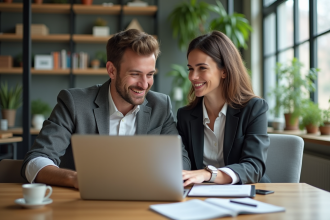 Deux professionnels souriants dans un bureau moderne