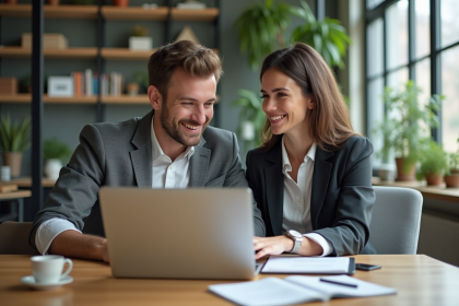 Deux professionnels souriants dans un bureau moderne