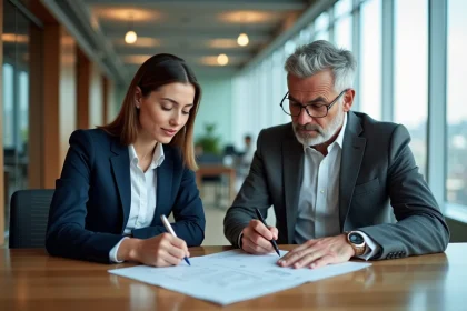 Deux professionnels examinent un contrat dans un bureau moderne