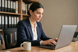 Femme utilisant la recherche avancée Pôle Emploi sur un ordinateur portable dans un bureau à domicile moderne