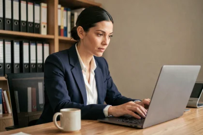 Femme utilisant la recherche avancée Pôle Emploi sur un ordinateur portable dans un bureau à domicile moderne