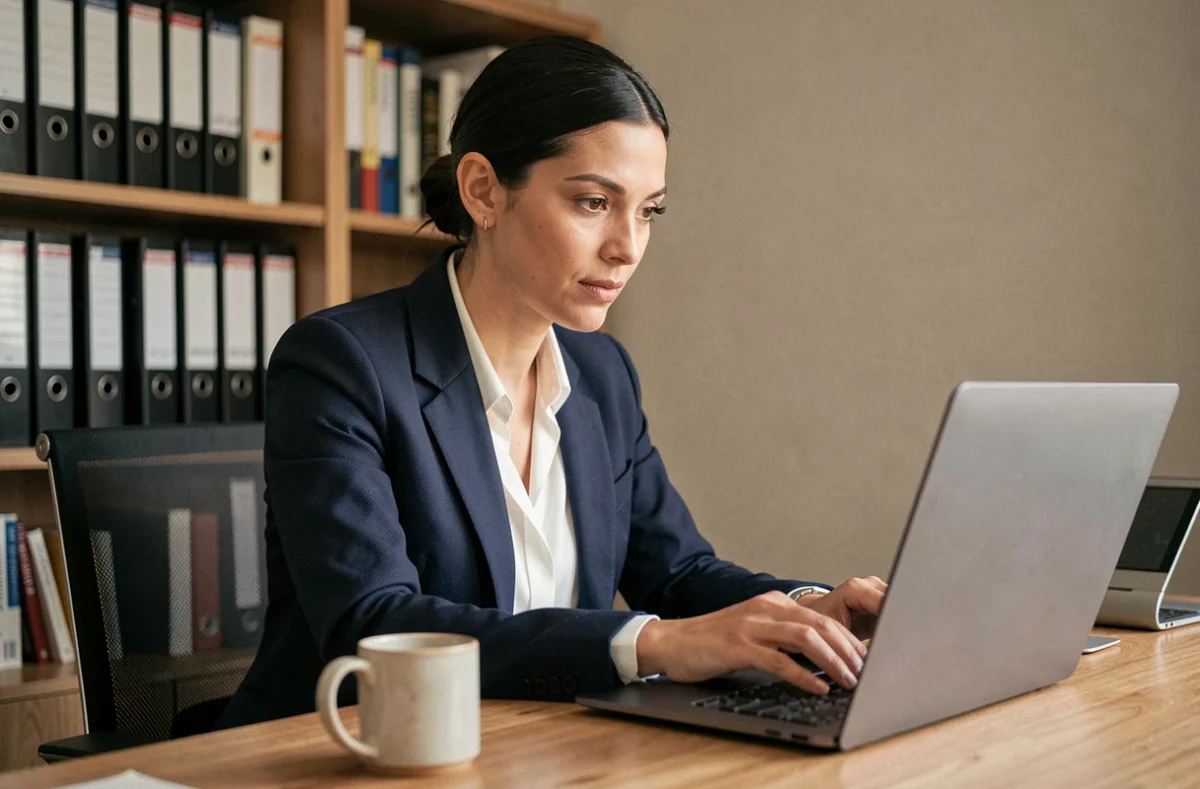 Femme utilisant la recherche avancée Pôle Emploi sur un ordinateur portable dans un bureau à domicile moderne
