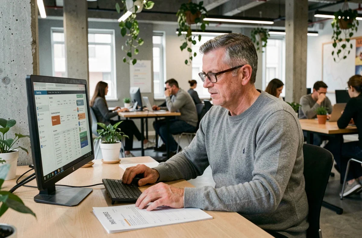 Homme consultant les critères de recherche Pôle Emploi sur un ordinateur dans un espace de coworking
