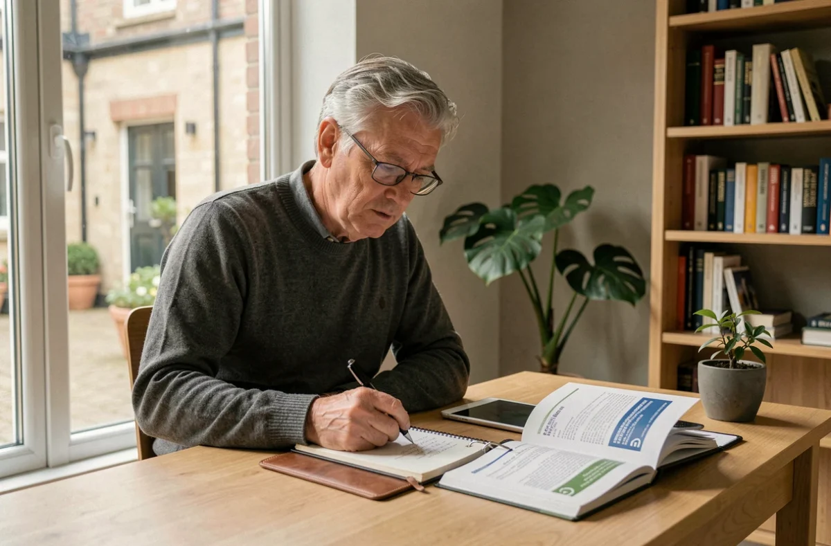 Homme en train de rédiger des notes sur la différence entre une Public Benefit Organisation et une simple association d'intérêt général