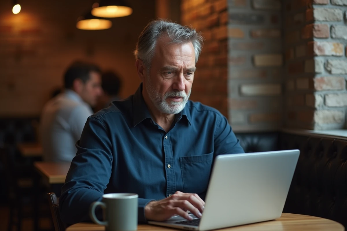 Homme au café rédigeant avec attention un message numérique de condoléances sur un ordinateur portable