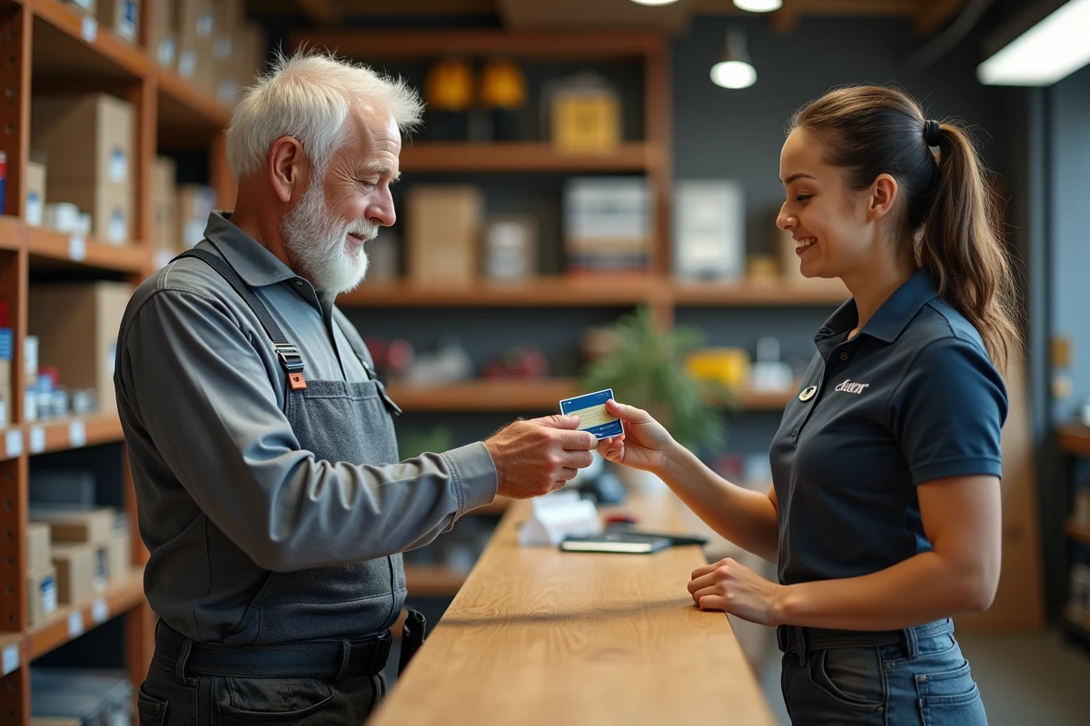 Artisan remettant sa carte Loxam à une agente au comptoir d'une agence de location d'équipements professionnels