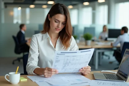 Responsable RH analysant un tableau Excel de gestion du personnel dans un bureau moderne