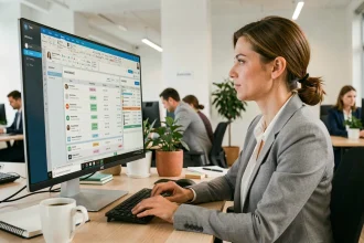 Responsable RH utilisant le logiciel Deskre Silae sur un écran d'ordinateur dans un bureau moderne