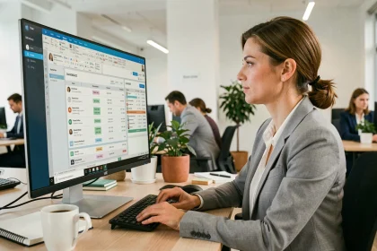 Responsable RH utilisant le logiciel Deskre Silae sur un écran d'ordinateur dans un bureau moderne