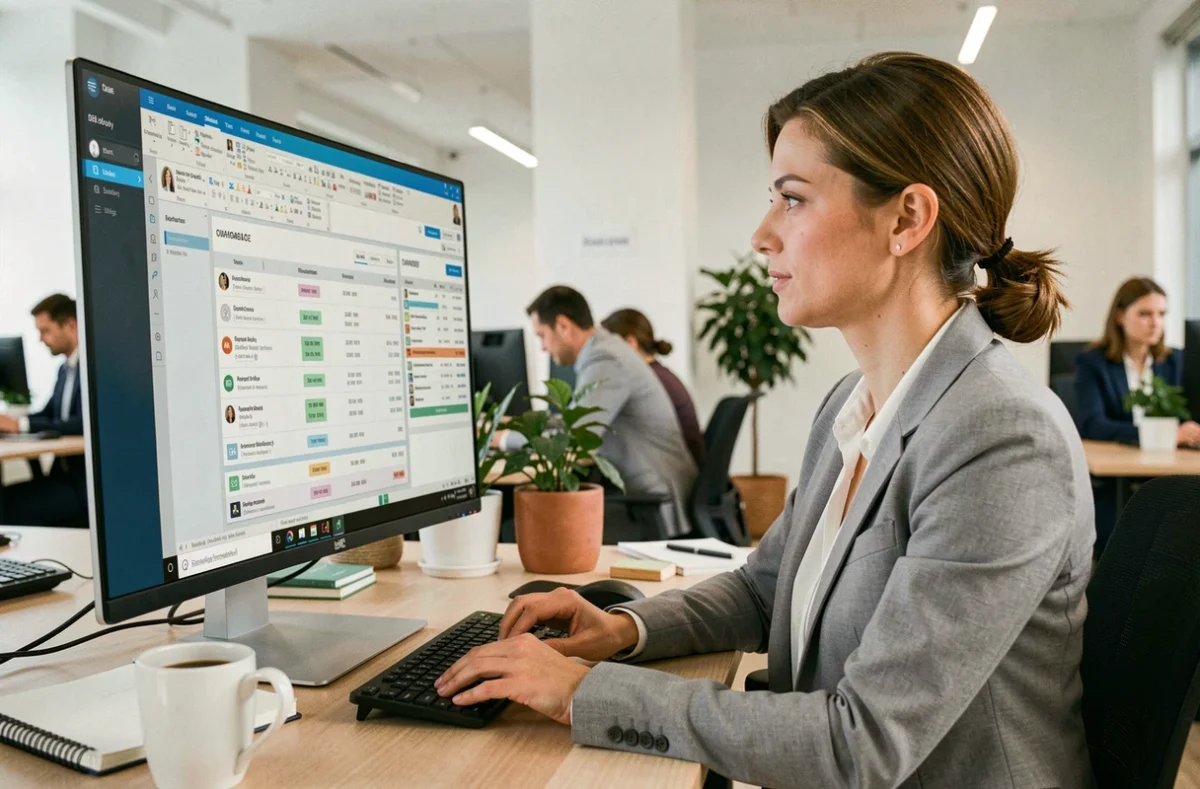Responsable RH utilisant le logiciel Deskre Silae sur un écran d'ordinateur dans un bureau moderne