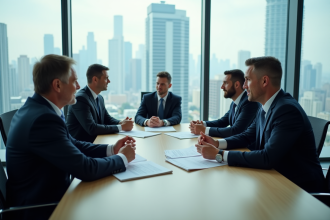 Groupe de professionnels en réunion dans une salle moderne