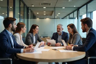 Réunion du CSE Altran avec des représentants du personnel autour d'une table de conférence moderne